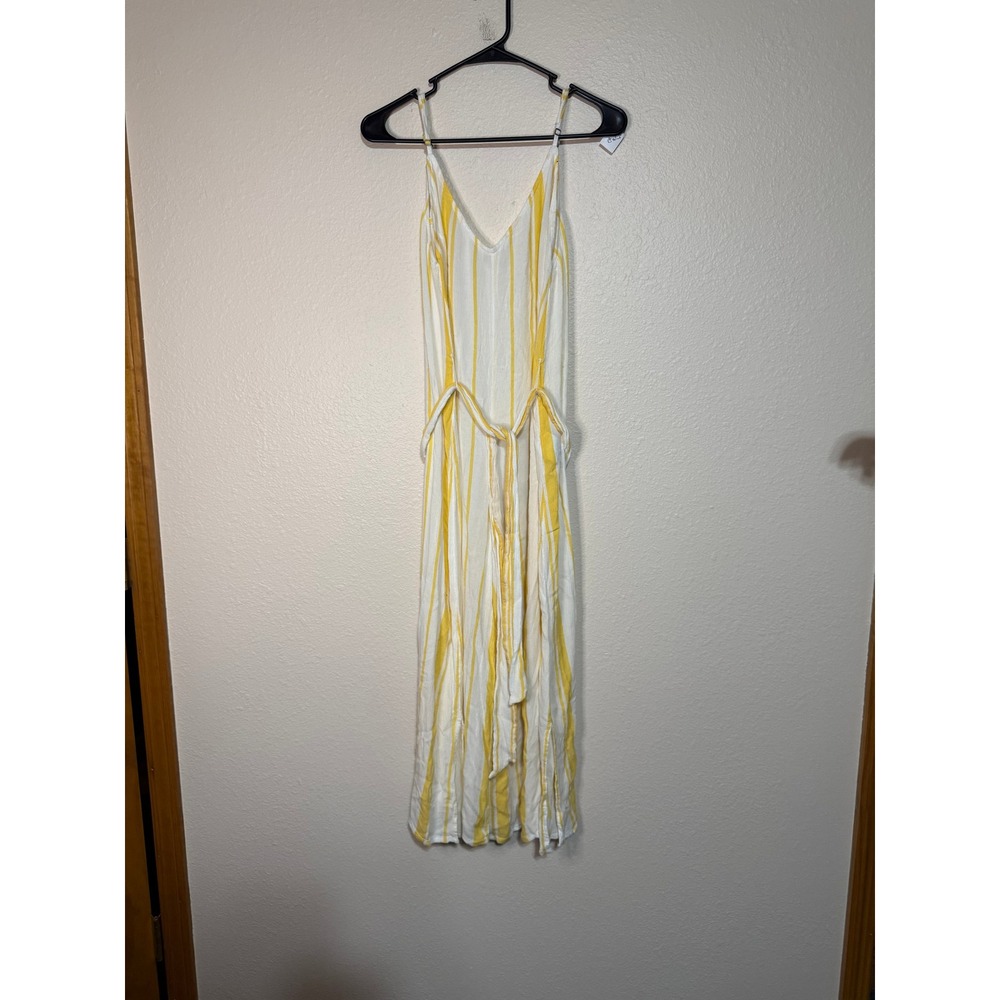 Billabong Womens Yellow White Striped Wide Leg Jumpsuit V-Neck Tie Waist Large